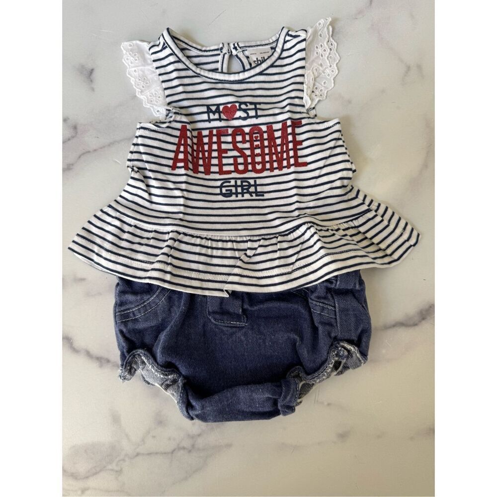 Newborn girls red white blue outfit summer cotton bloomers eyelet striped blouse